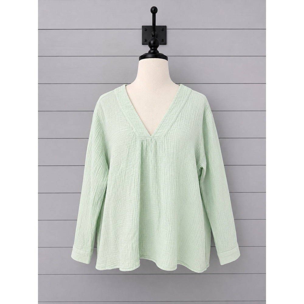 J. Jill Gauze Crinkle Cotton Pullover Top Shirt Size 2x Green Relaxed 3\4 Slv
